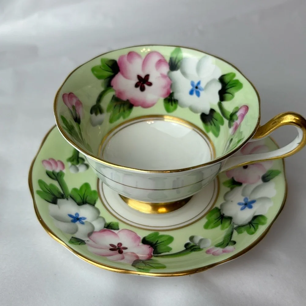 Royal Albert tea cup and saucer England Fine bone china Pink white & apple green